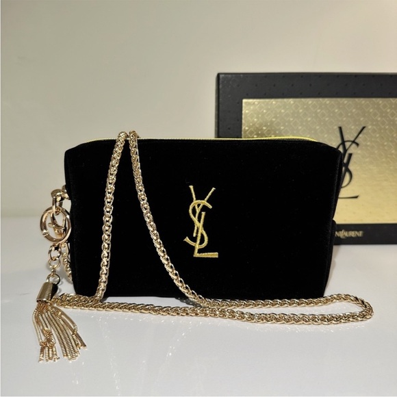 Yves Saint Laurent Handbags - YSL YVES SAINT LAURENT Black Velvet bag purse clutch Gold Logo Chain tassel